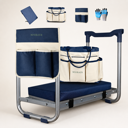 Nivraus K5 blue foldable garden kneeler and seat with included accessories