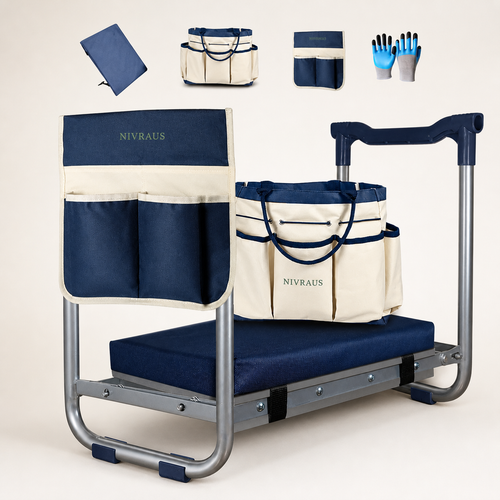 Nivraus K5 blue foldable garden kneeler and seat with included accessories
