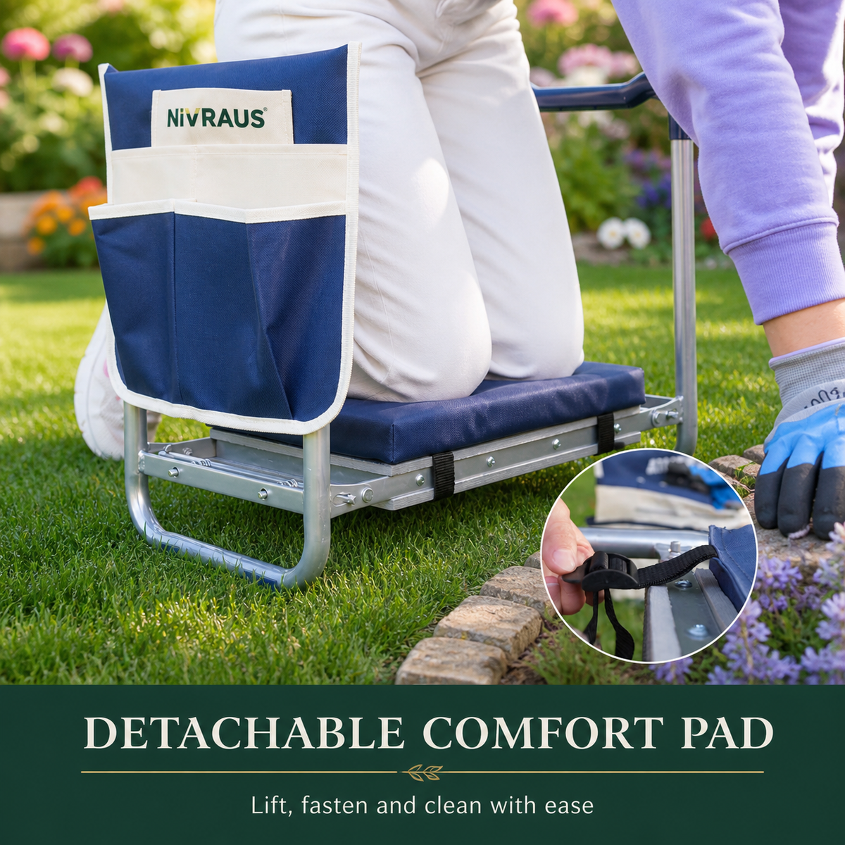 Detachable comfort pad on Nivraus blue garden kneeler