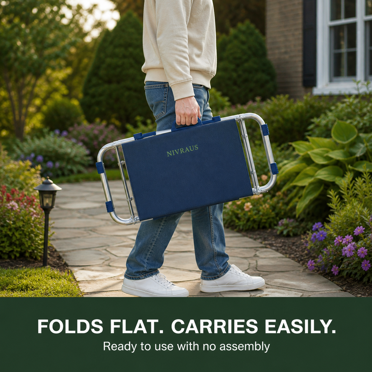 Nivraus blue garden kneeler folded flat for carrying