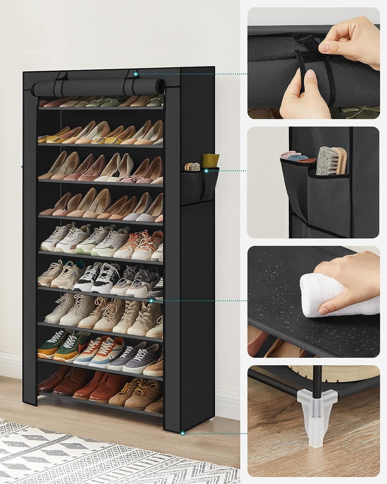 10-Tier Fabric Shoe Rack with Dustproof Cover – Holds 40 Pairs