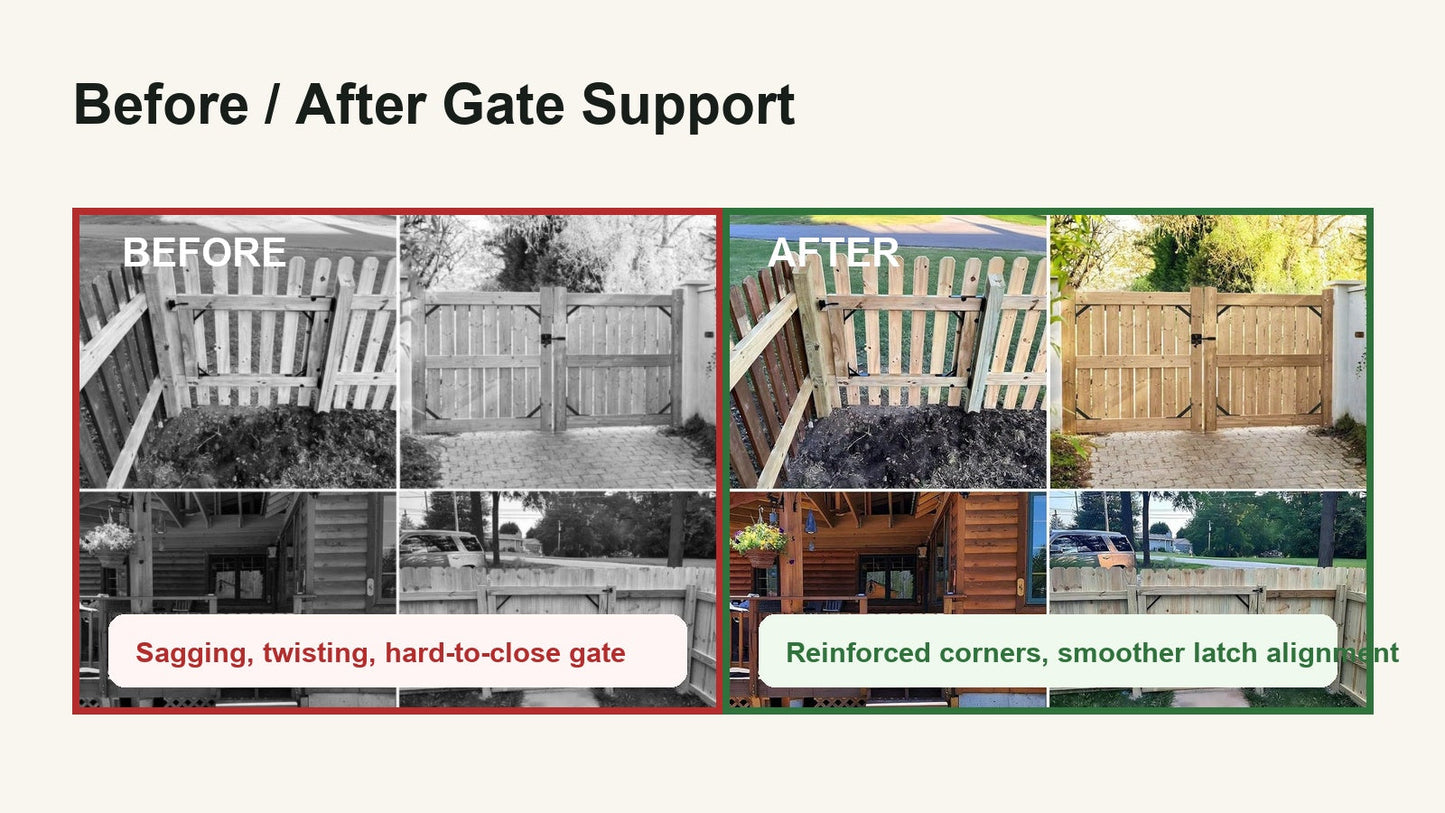 Before and after wood gate support comparison for anti-sag gate kit