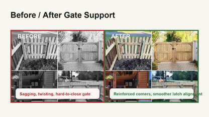 Before and after wood gate support comparison for anti-sag gate kit