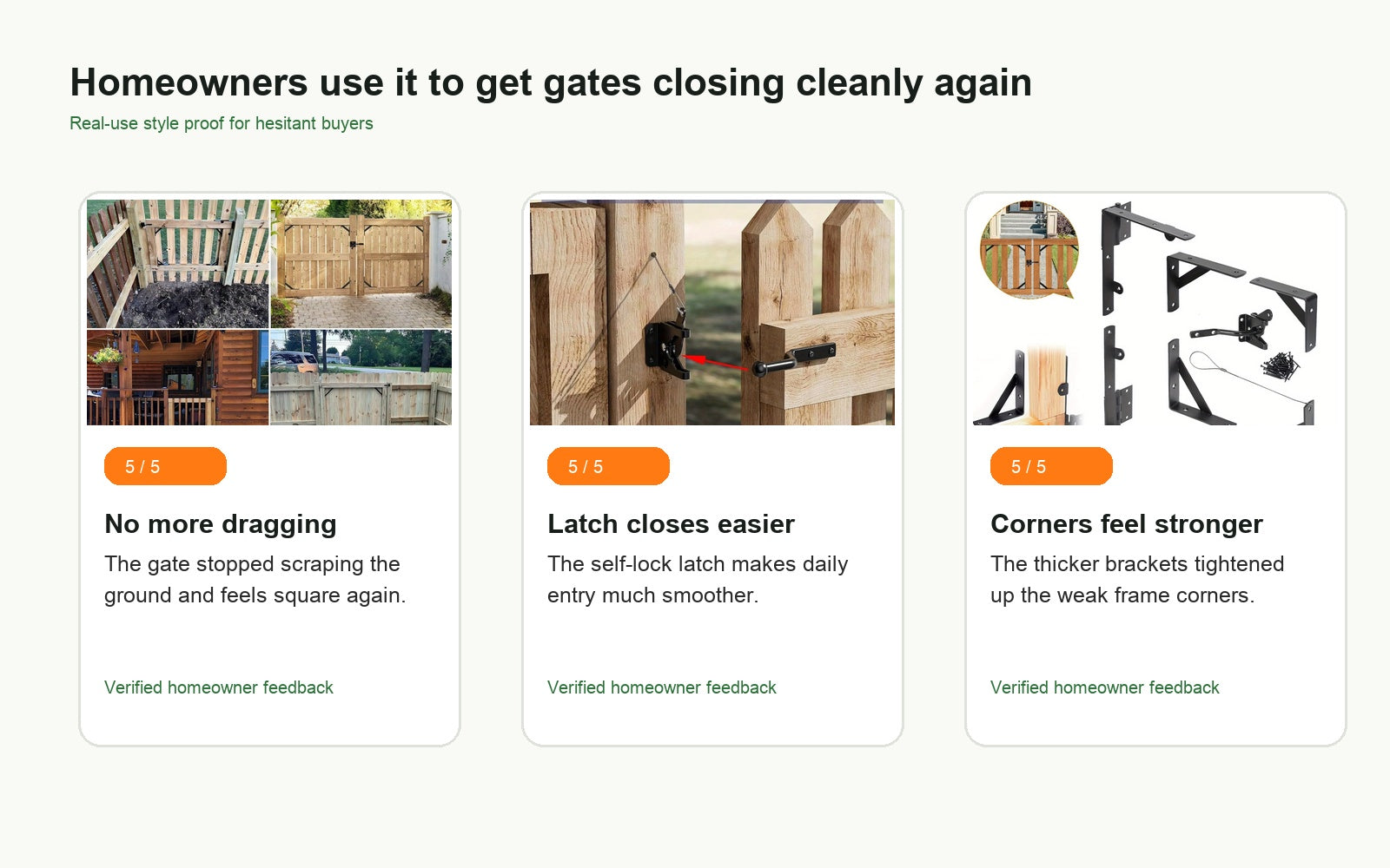 Clean homeowner review proof for anti-sag fence gate hardware kit