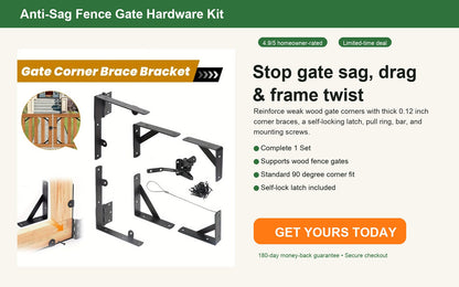Anti-sag wood fence gate hardware kit with corner braces, latch, pull ring, and screws