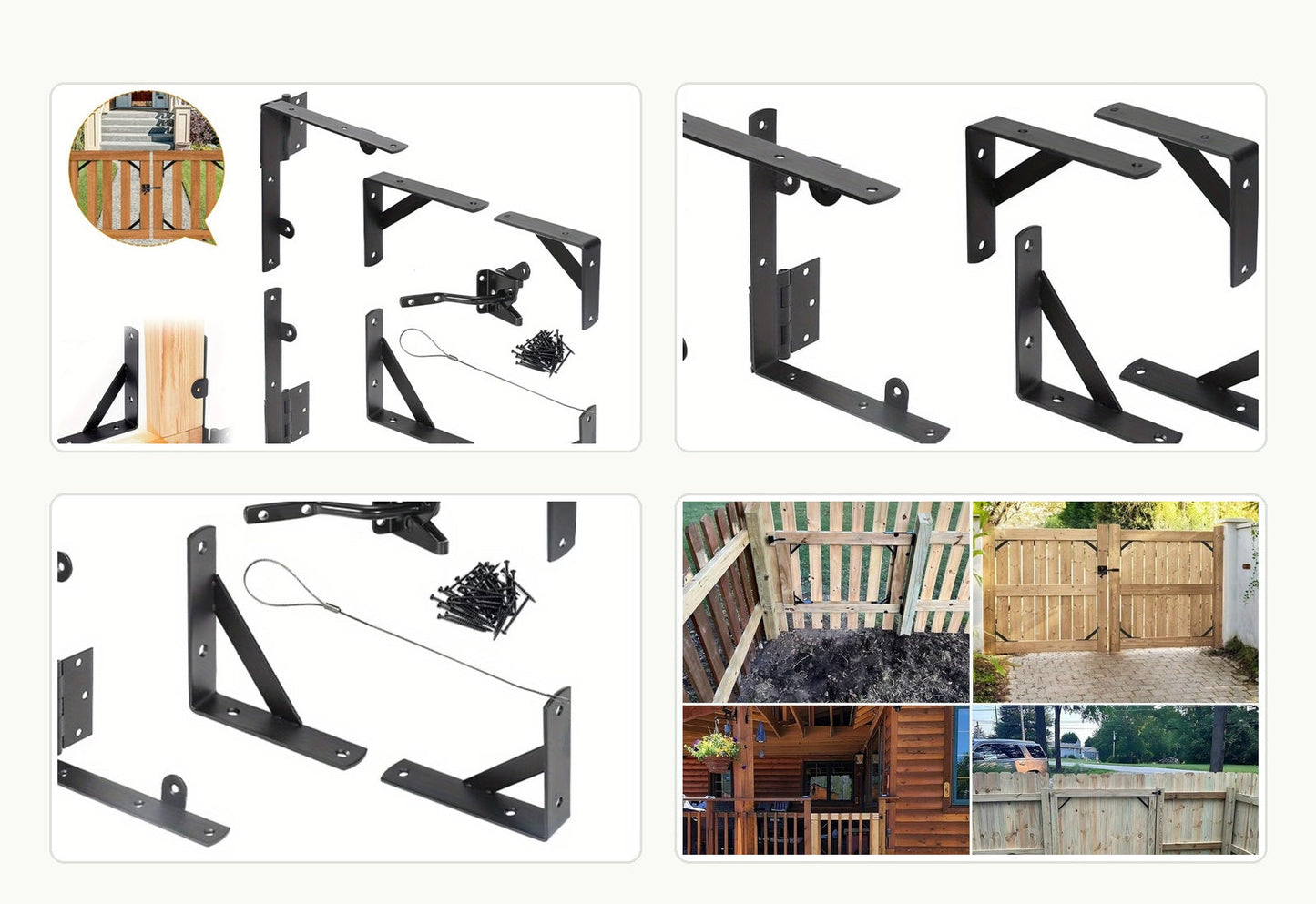 Clean product and use scene collage for anti-sag fence gate hardware kit