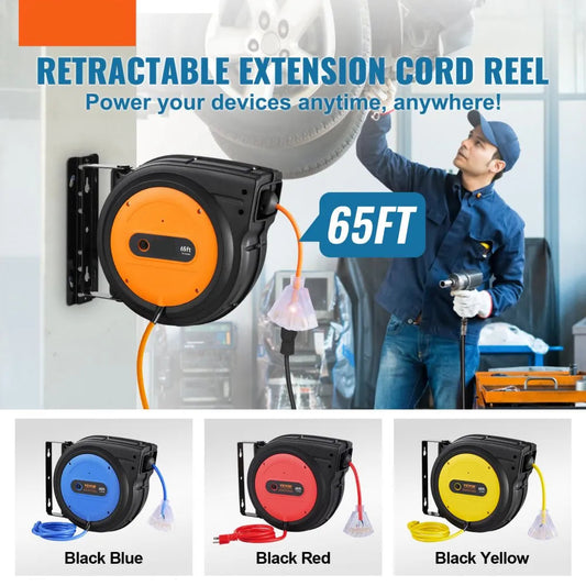Extension Cord Reel, 65 FT, Heavy Duty 12AWG/3C SJTOW Retractable Power Cord