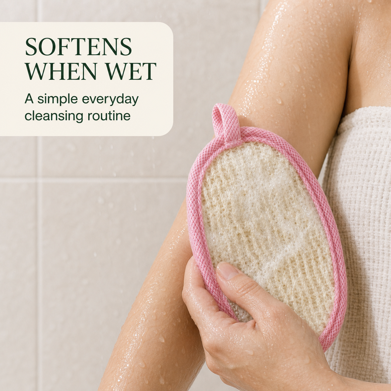 Natural loofah scrubber pad beside a wash basin