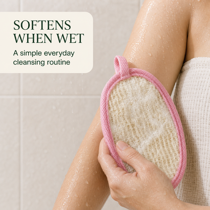 Natural loofah scrubber pad beside a wash basin