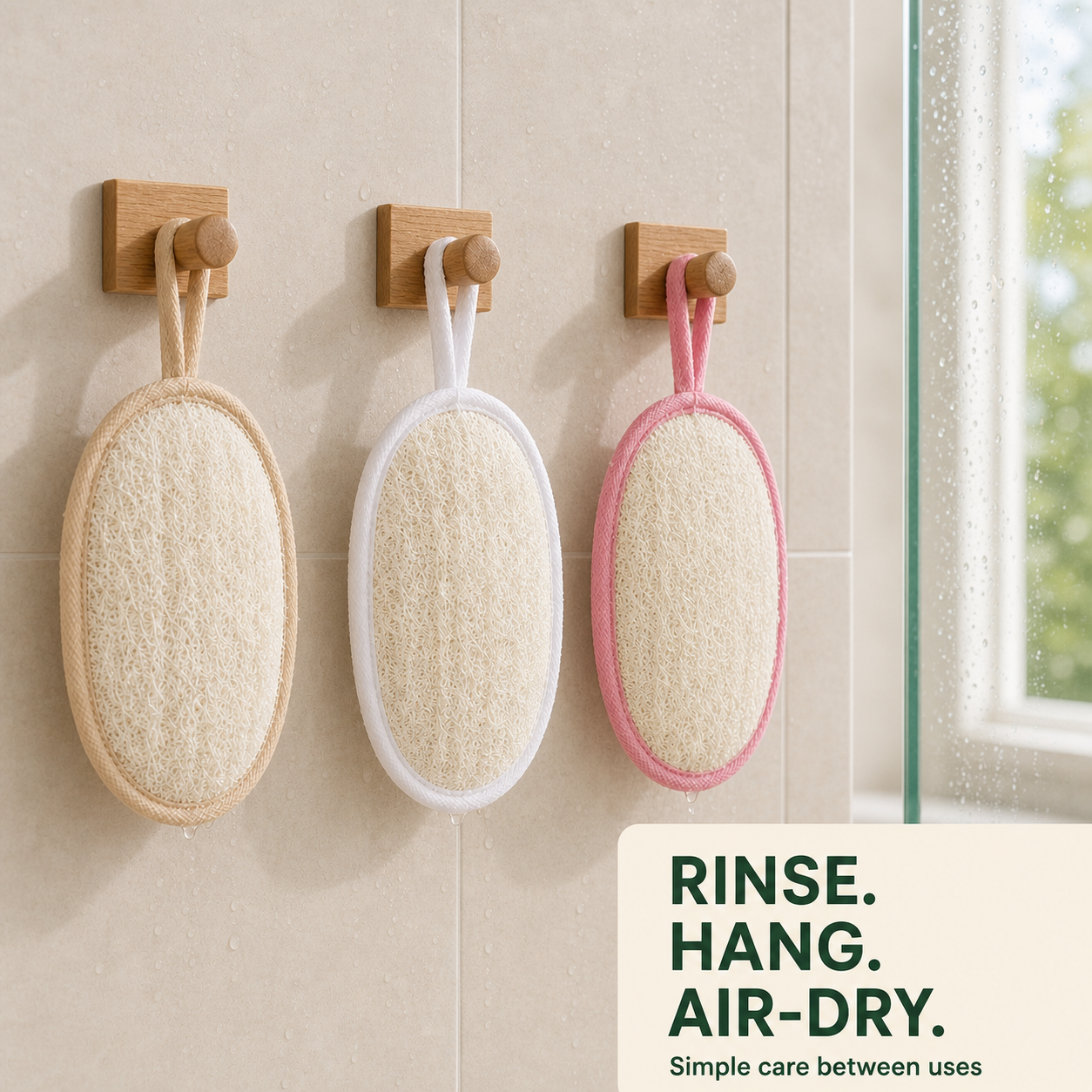 Loofah bath scrubber pad hanging to air dry