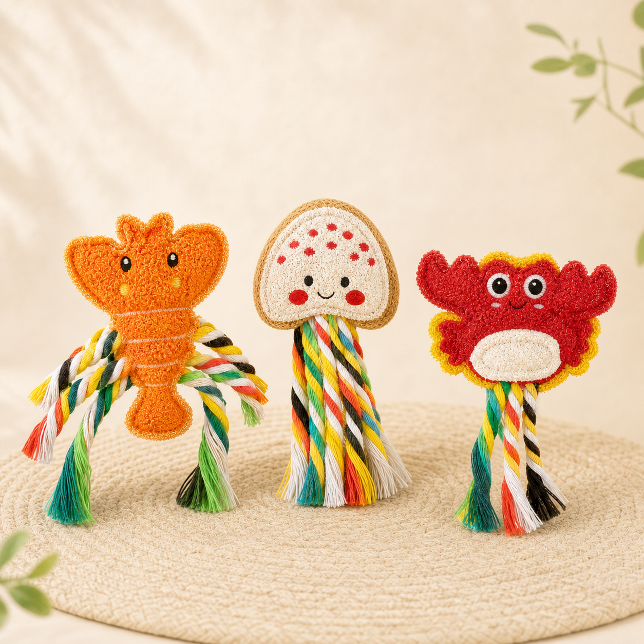 Loofah catnip chew toy set with colorful rope tails