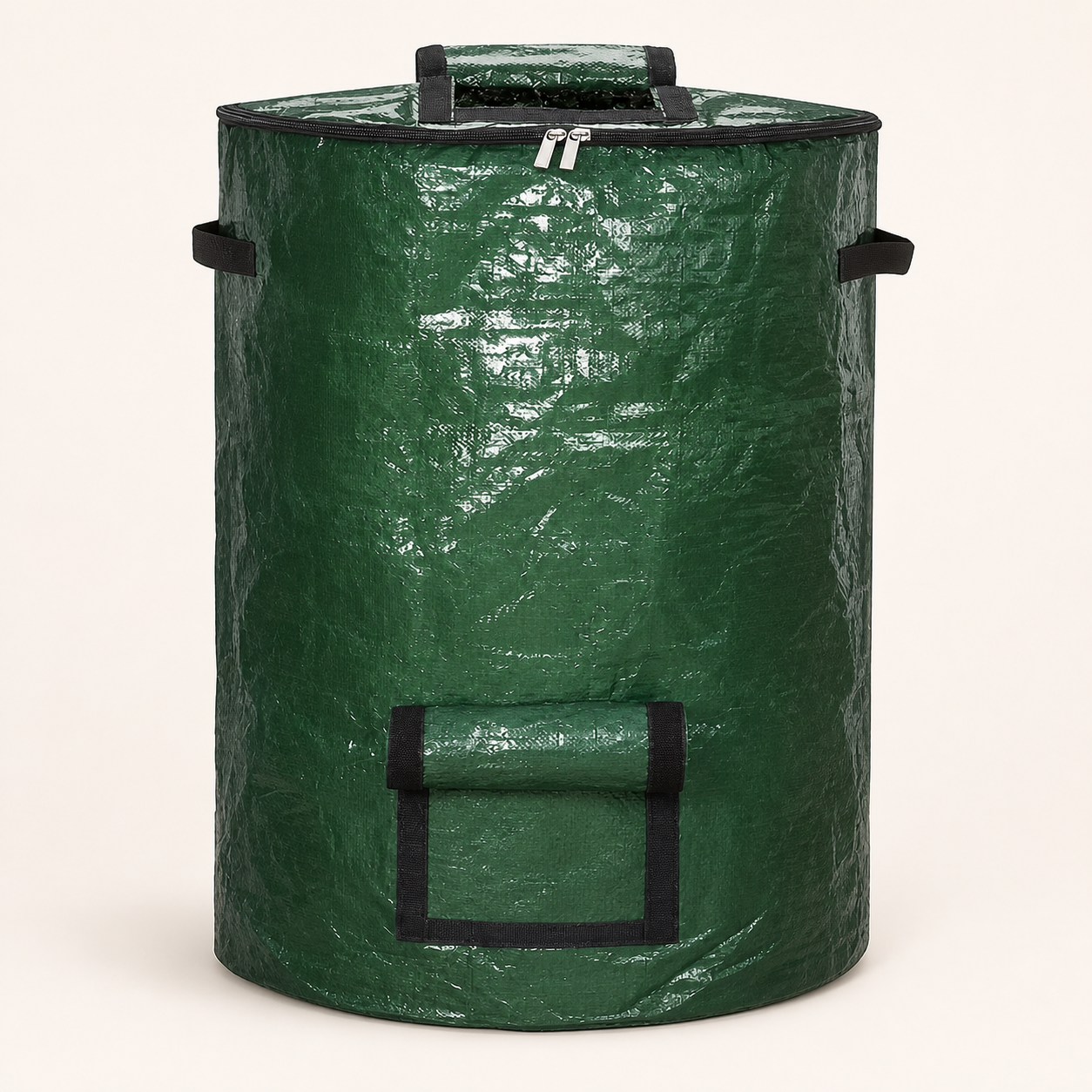 Single dark green 72-gallon outdoor compost bin with dual-zipper lid, handles and lower outlet