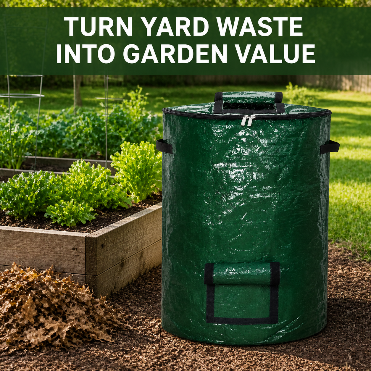 72-gallon outdoor compost bin beside raised garden beds