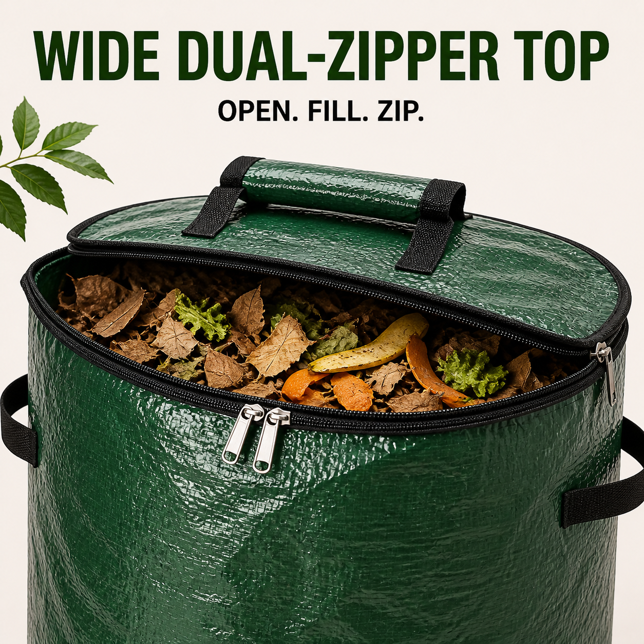 Wide dual-zipper top opening for filling the compost bin
