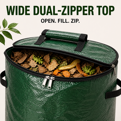 Wide dual-zipper top opening for filling the compost bin