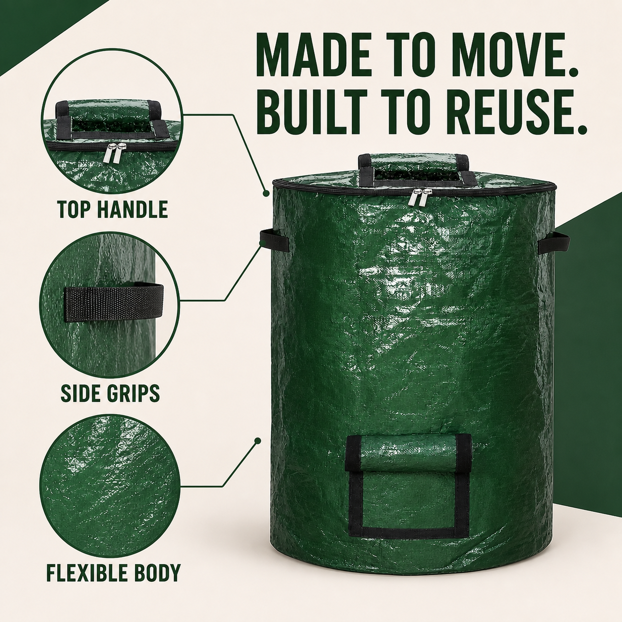 Top handle, side grips and flexible compost bin body