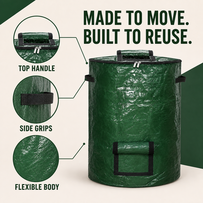 Top handle, side grips and flexible compost bin body