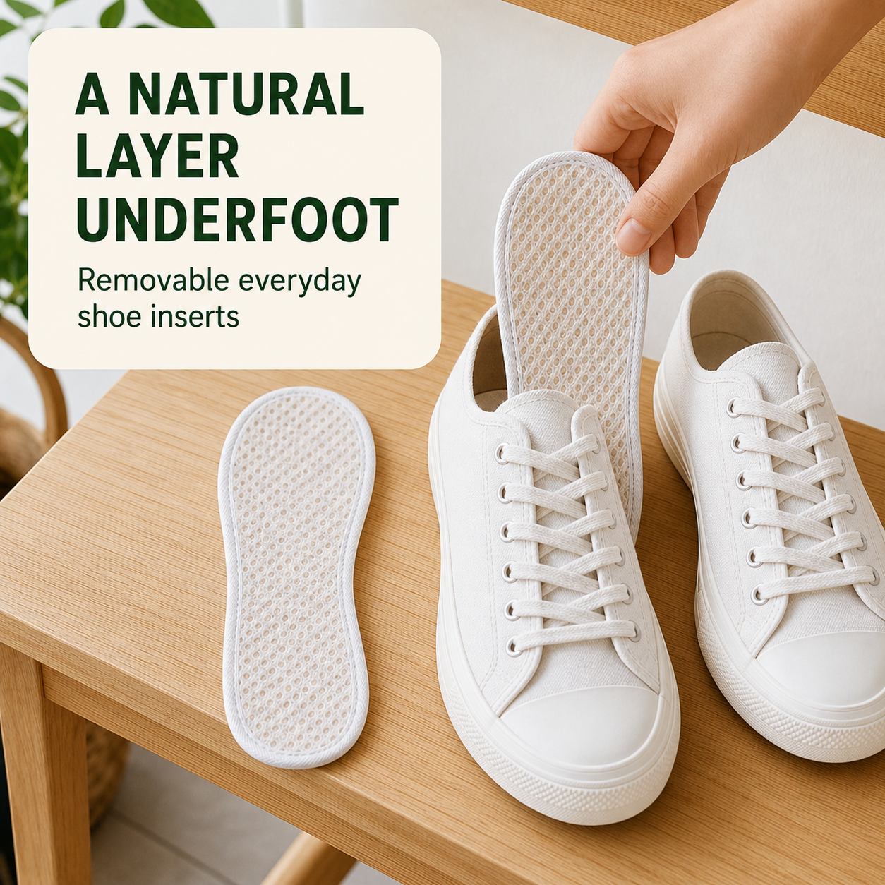 Natural loofah insole fitted inside a casual shoe