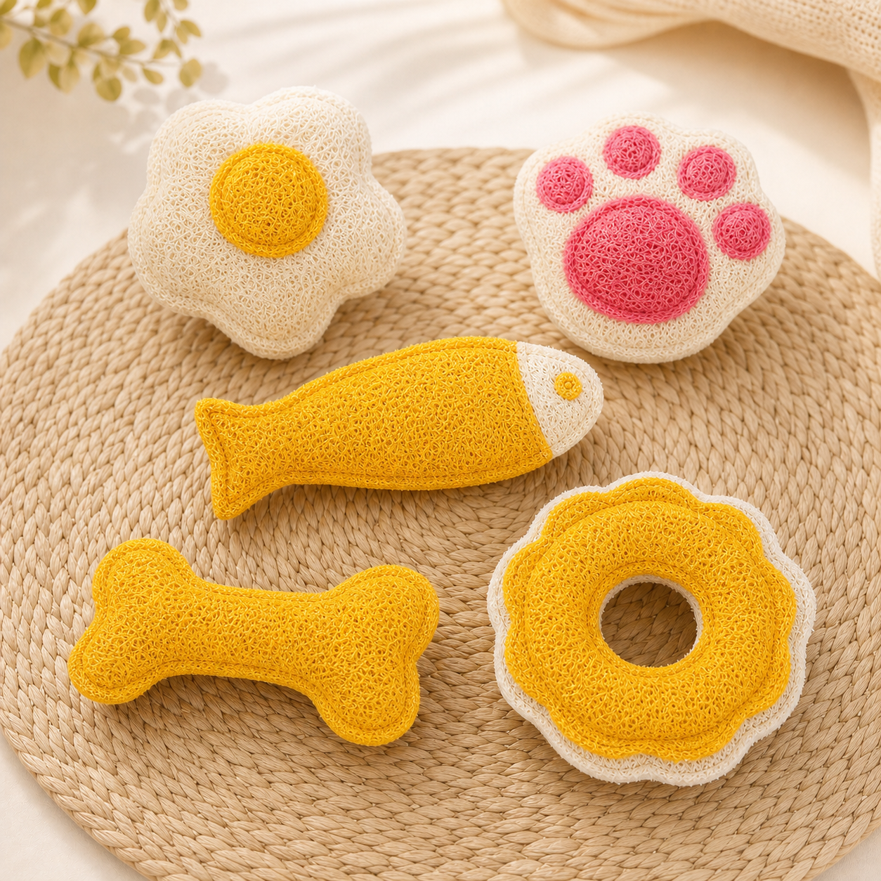 Natural loofah cat chew toys in assorted shapes