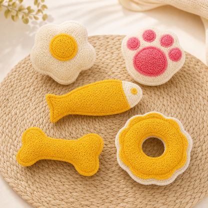 Natural loofah cat chew toys in assorted shapes