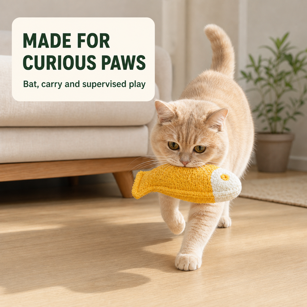 Cat playing with a natural loofah chew toy