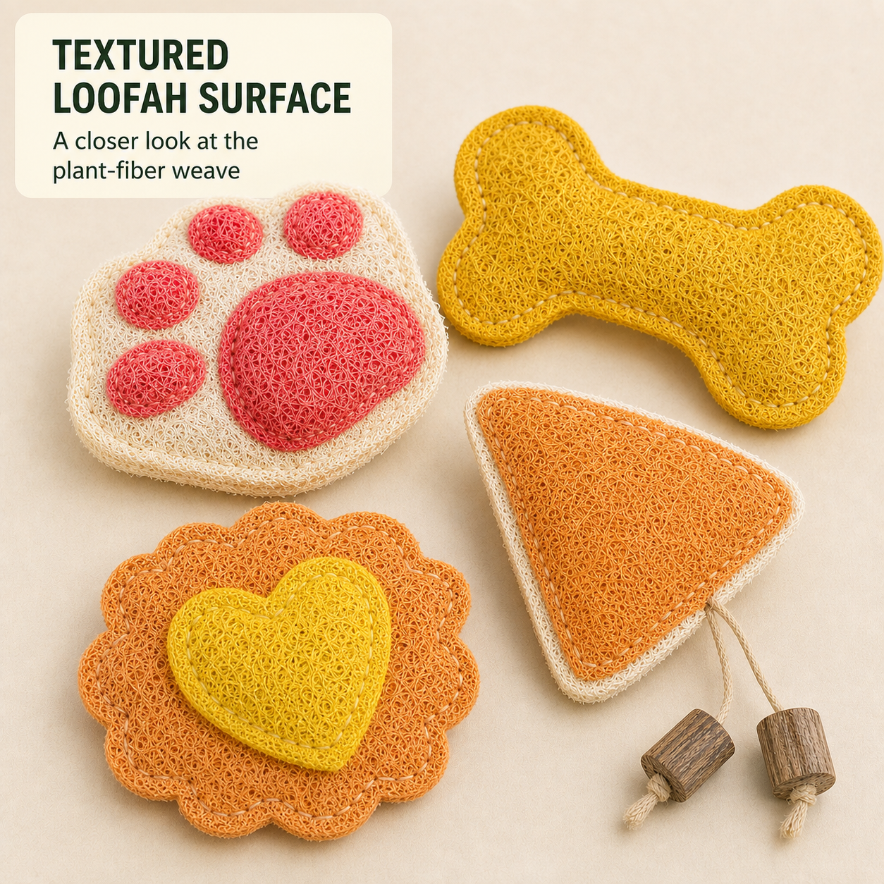 Close-up of natural loofah cat toy fibers