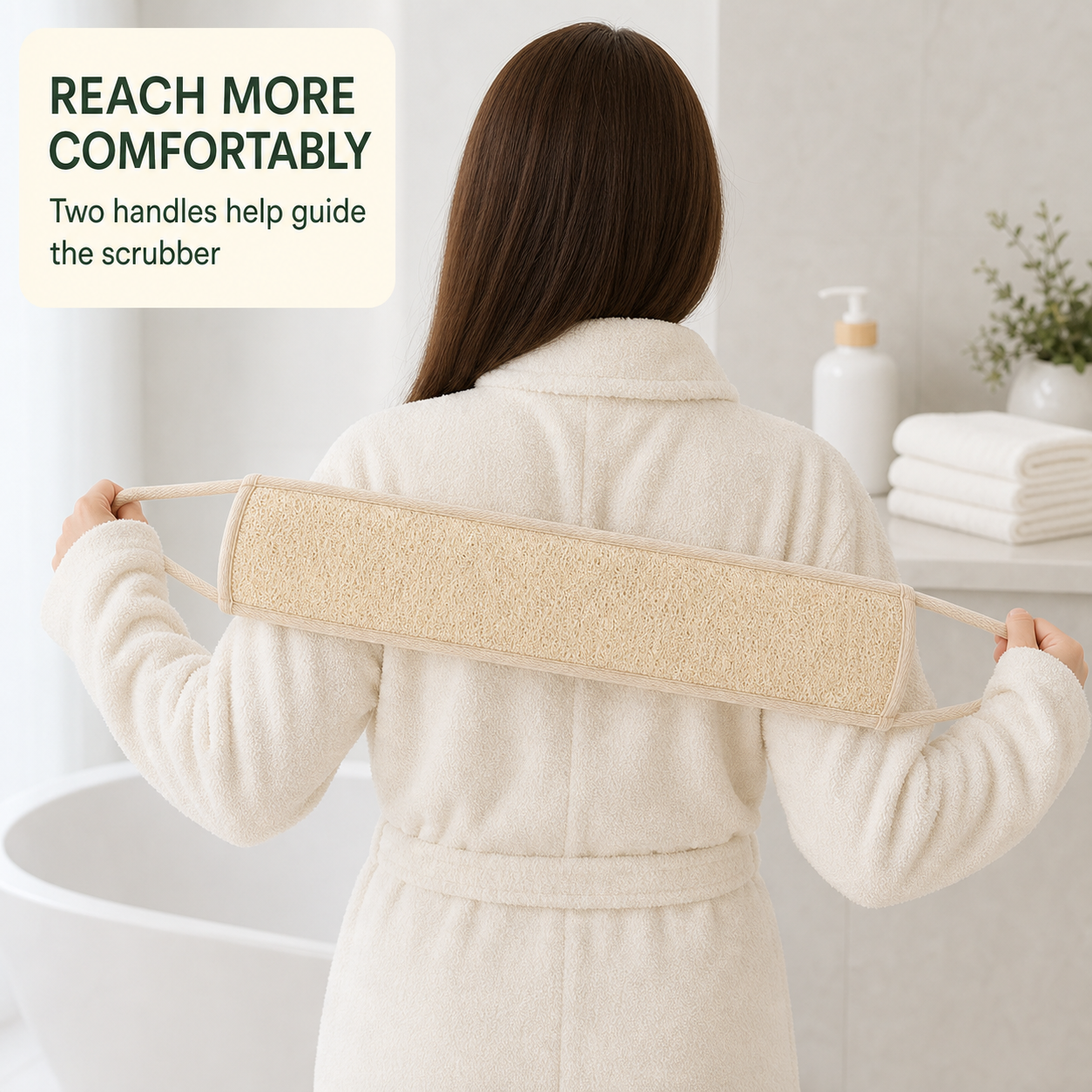 Long handled loofah scrubber ready for bath use