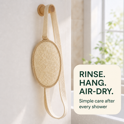 Natural loofah back scrubber hanging to air dry