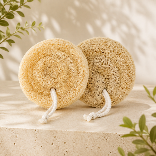 Two round natural loofah bath scrubbers with hanging cords