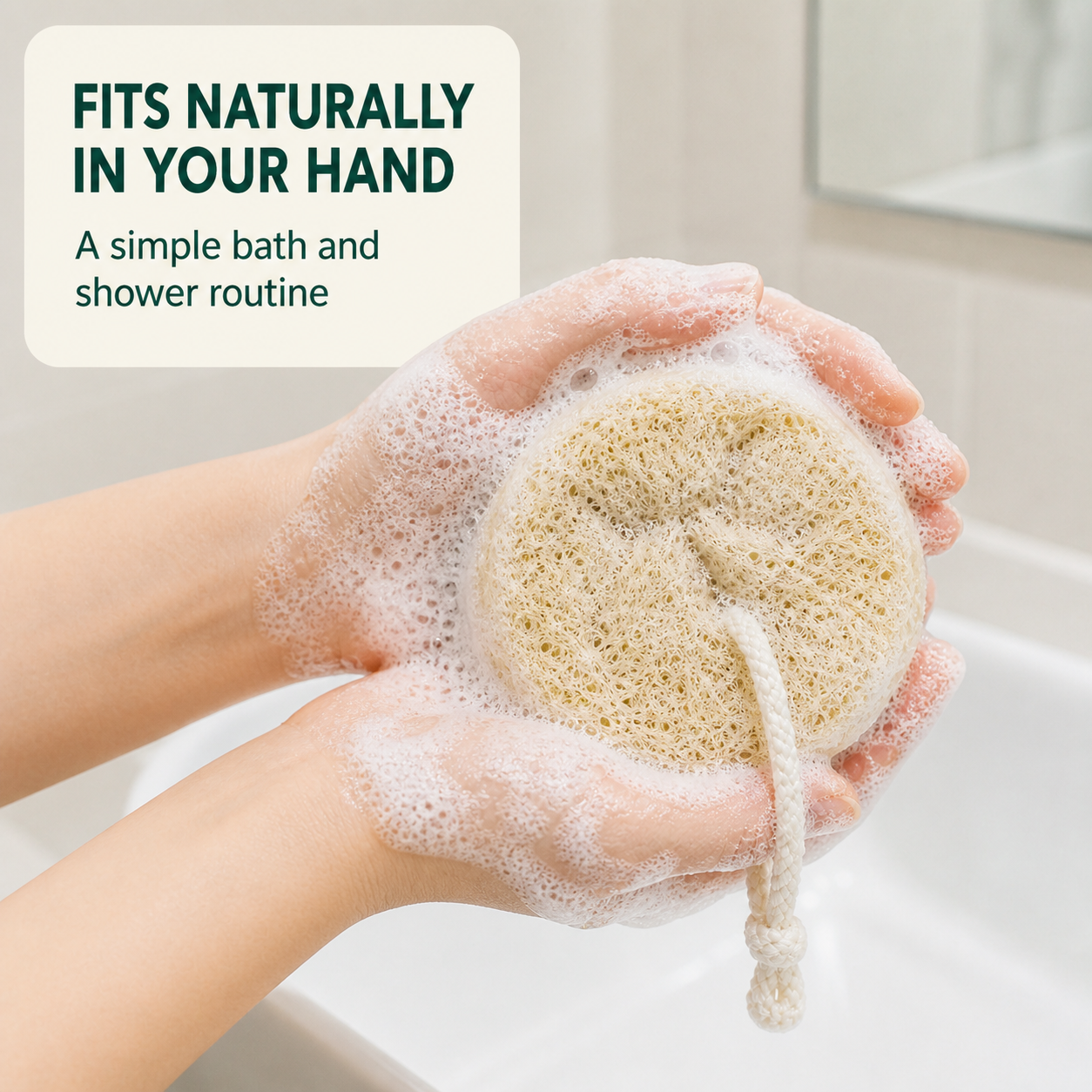 Round natural loofah bath scrubber in use