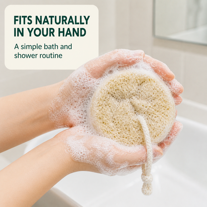 Round natural loofah bath scrubber in use