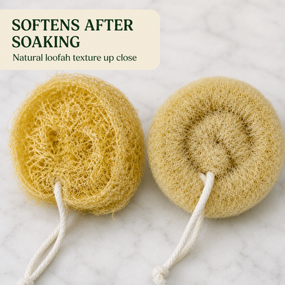 Dry and softened natural loofah scrubber textures