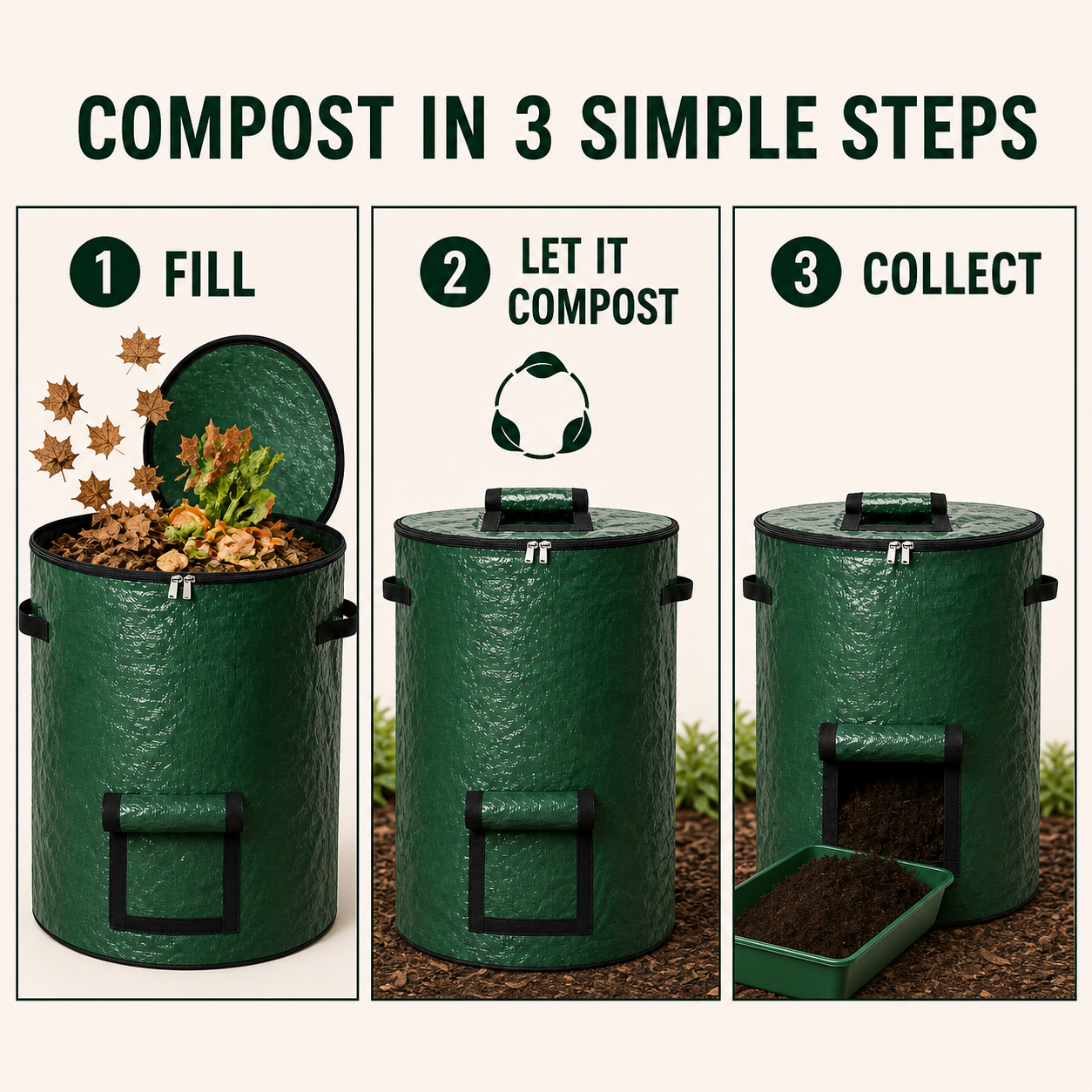 Square three-step composting infographic showing fill, compost and collect