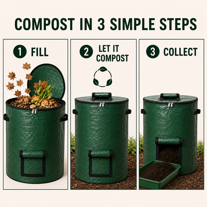 Square three-step composting infographic showing fill, compost and collect