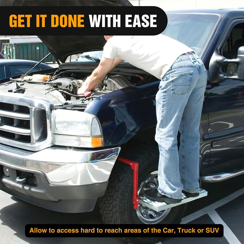 Folding tire step used to reach a truck engine bay