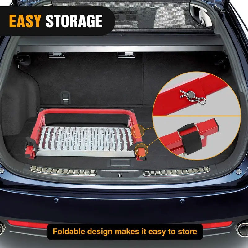 Folded tire step stored compactly in a vehicle trunk