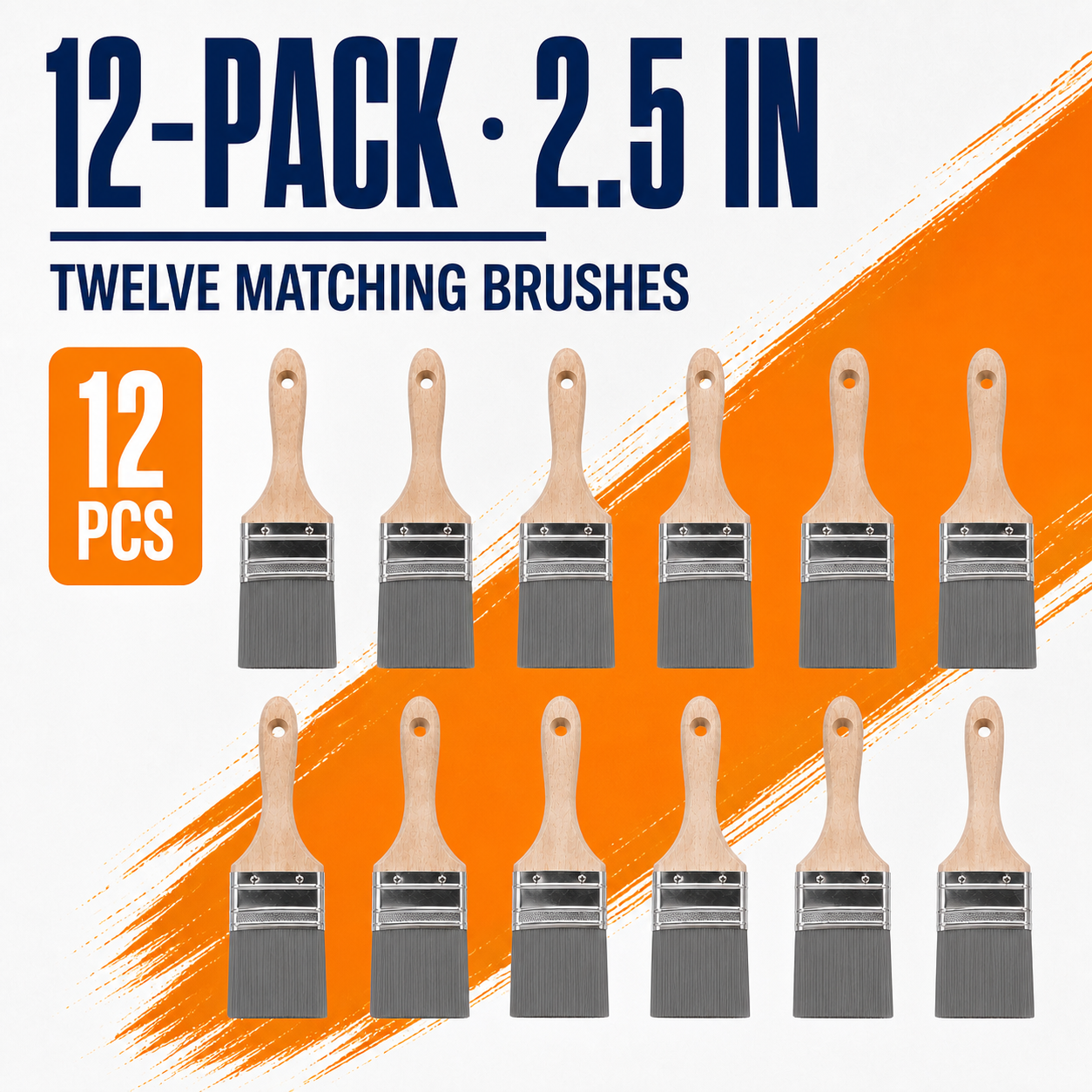 Twelve-pack of matching 2.5 inch gray-bristle flat paint brushes