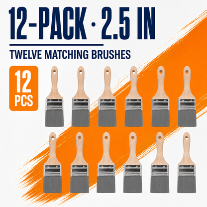 Twelve-pack of matching 2.5 inch gray-bristle flat paint brushes