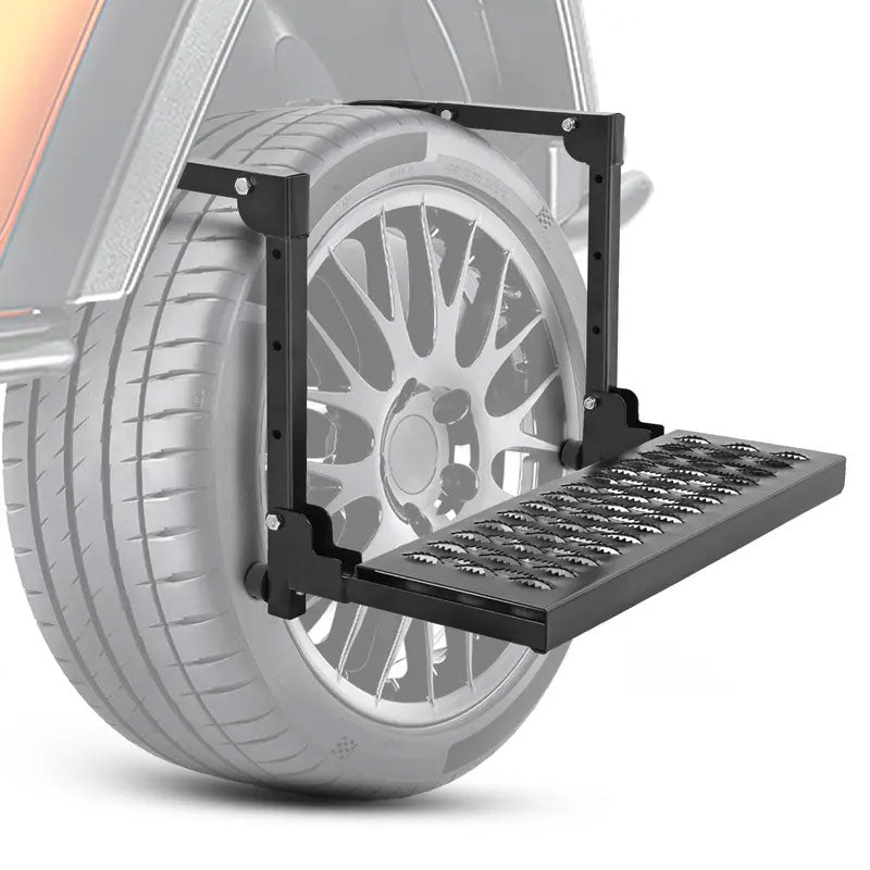 NIVRAUS black heavy-duty folding tire step installed on a vehicle tire