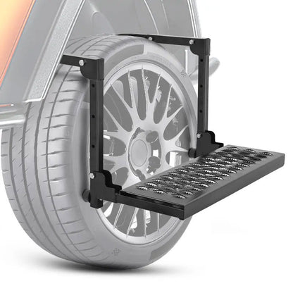 NIVRAUS black heavy-duty folding tire step installed on a vehicle tire