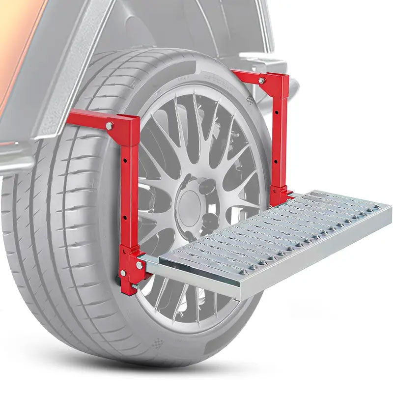 NIVRAUS red heavy-duty folding tire step installed on a vehicle tire