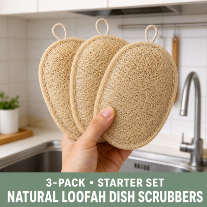 Three oval natural loofah dish scrubbers with stitched edges and hanging loops