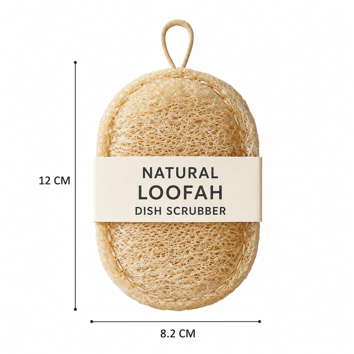 Oval natural loofah dish scrubber measuring approximately 12 by 8.2 centimeters
