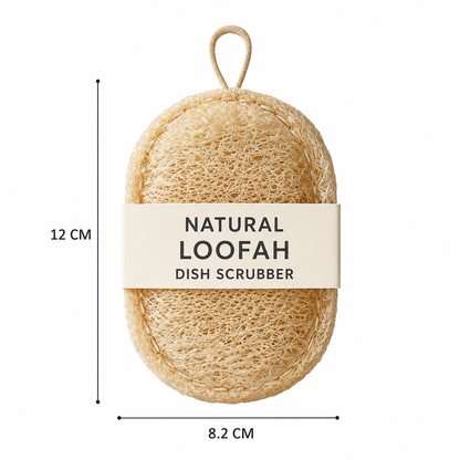 Oval natural loofah dish scrubber measuring approximately 12 by 8.2 centimeters