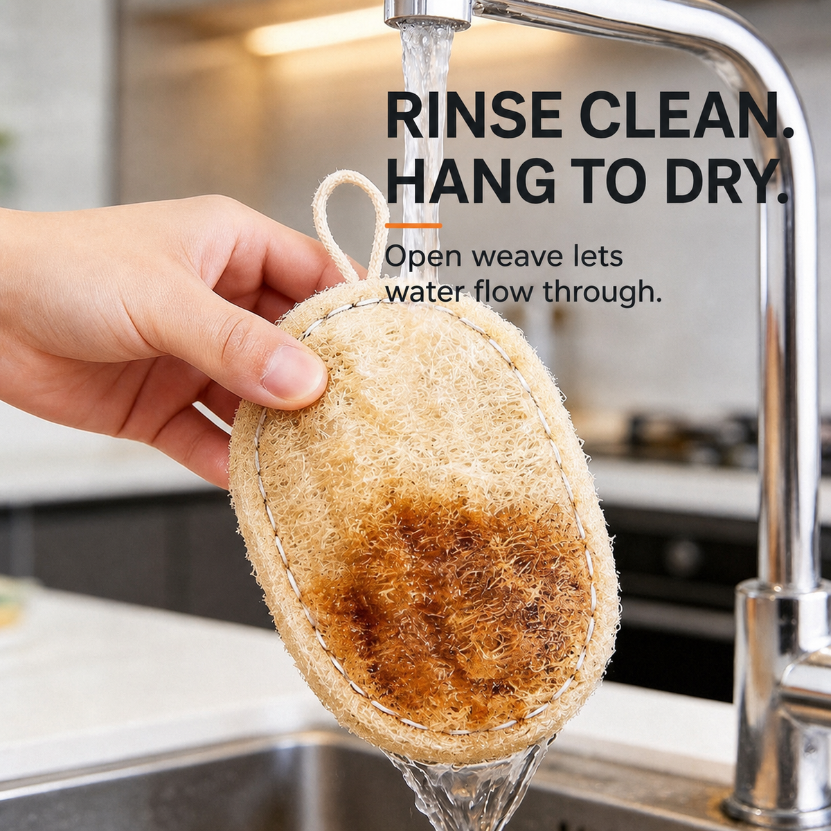 Oval natural loofah scrubber being rinsed under running water
