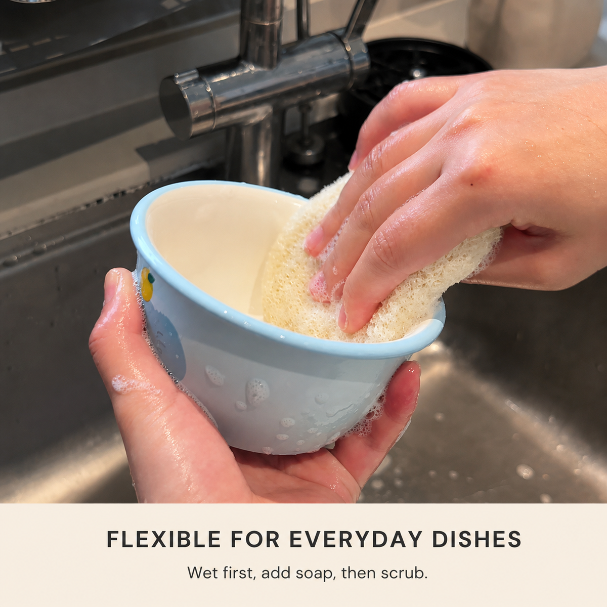 Flexible natural loofah scrubber cleaning the inside of a cup