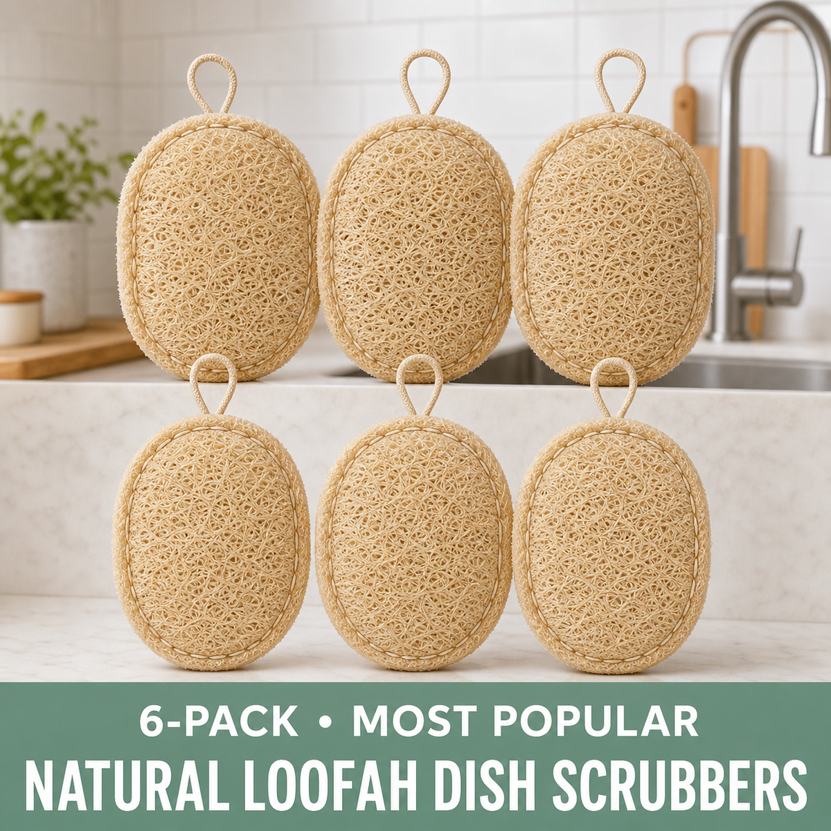 Six oval natural loofah dish scrubbers arranged in two rows