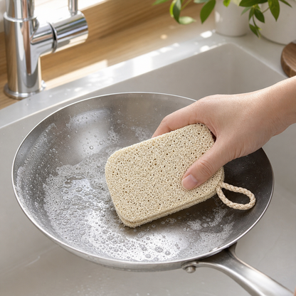 Natural loofah scrubber washing a stainless steel skillet
