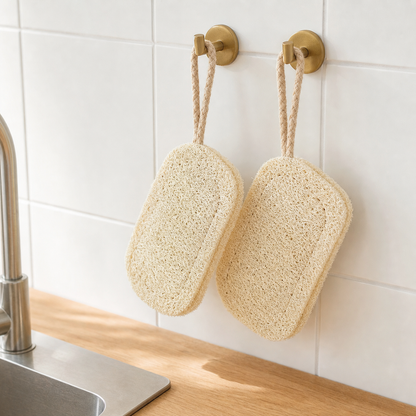 Two natural loofah scrubbers hanging to air dry by a kitchen sink