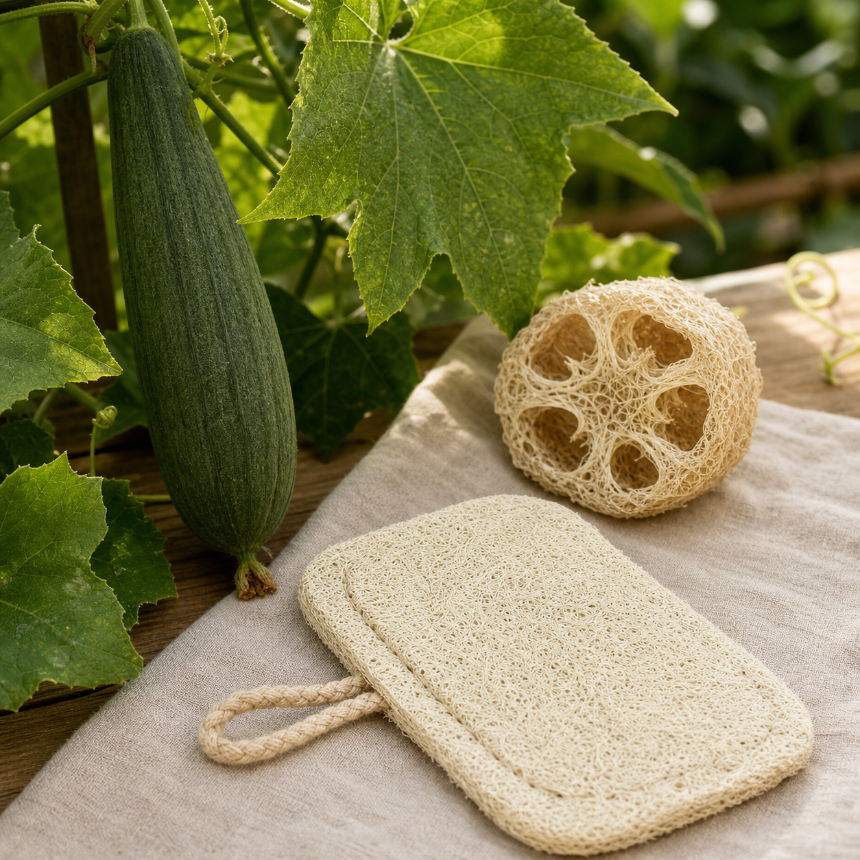 Luffa gourd, dried luffa fiber and finished dish scrubber